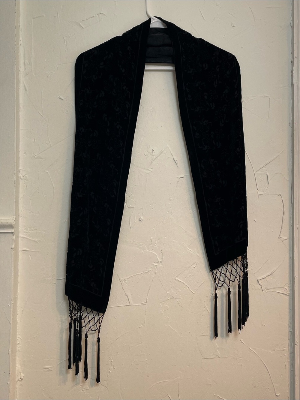 Black Floral Velvet Beaded Tassel Scarf - Boho Gothic Romantic Wrap - Picture 2 of 5